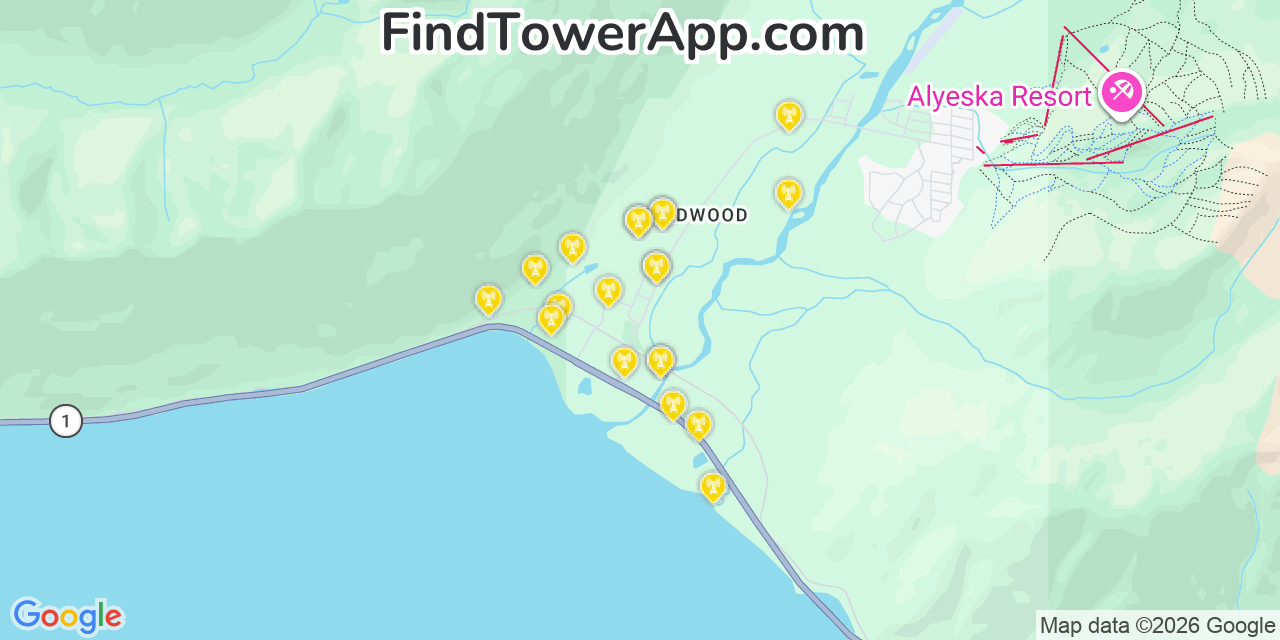 Map showing the 20 primary cell tower locations detected in Girdwood, Alaska from AT&T, Verizon, and T-Mobile networks