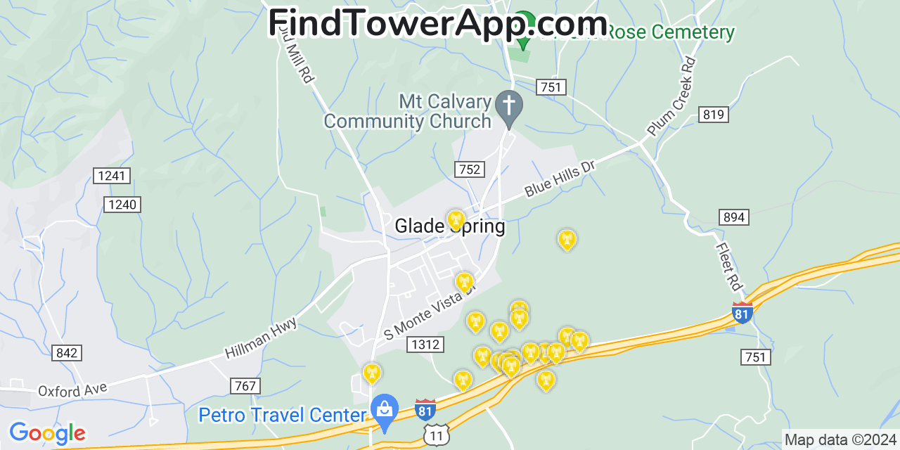 AT&T 4G/5G cell tower coverage map Glade Spring, Virginia