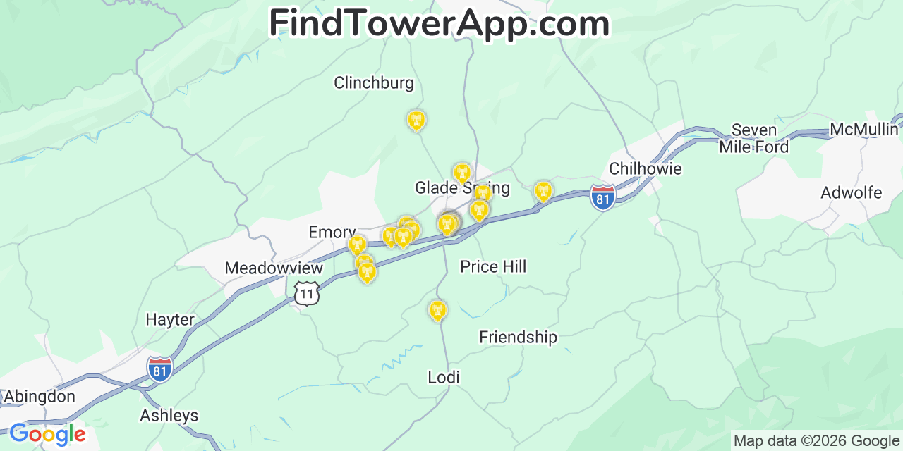 Map showing the 20 primary cell tower locations detected in Glade Spring, Virginia from AT&T, Verizon, and T-Mobile networks