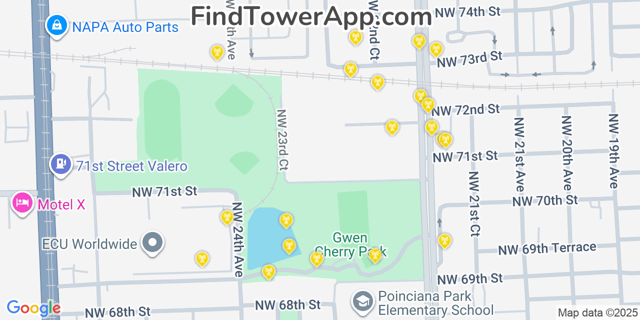 Map showing the 20 primary cell tower locations detected in Gladeview, Florida from AT&T, Verizon, and T-Mobile networks