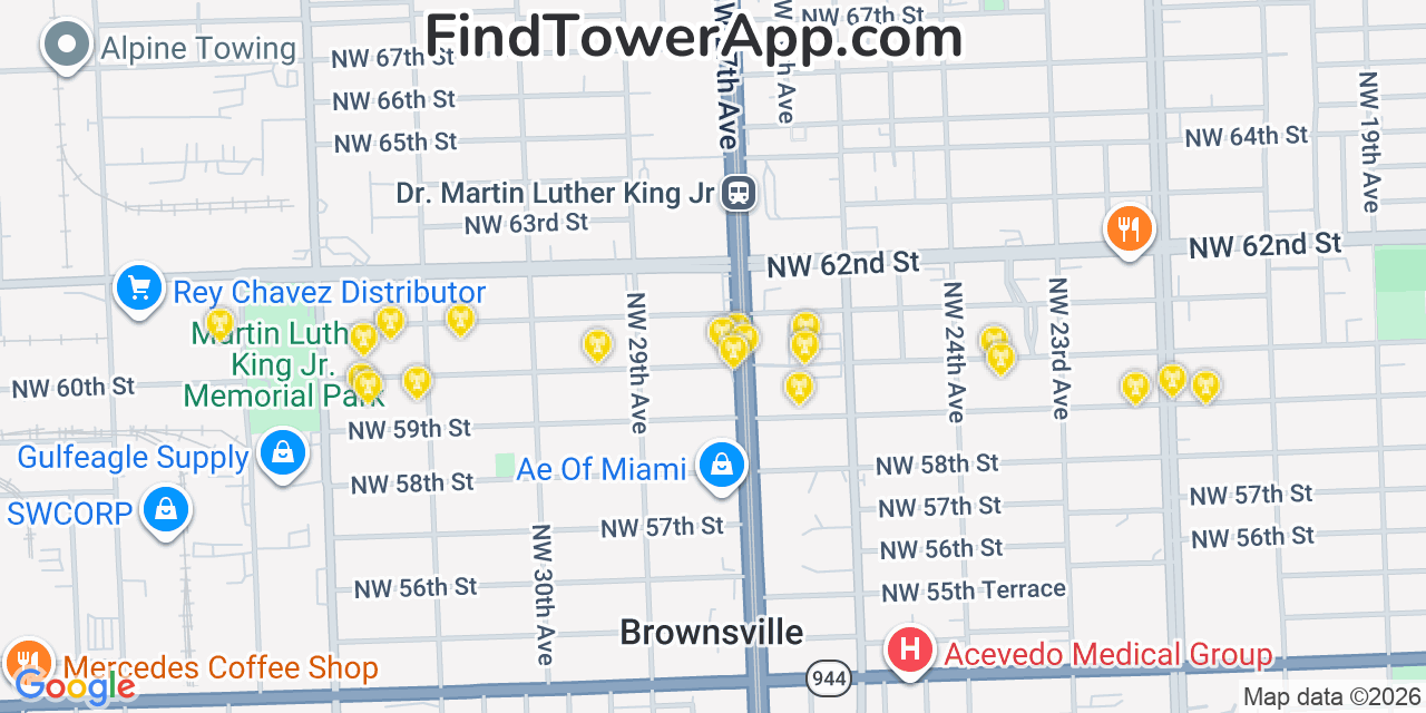 Map showing the 20 primary cell tower locations detected in Gladeview, Florida from AT&T, Verizon, and T-Mobile networks
