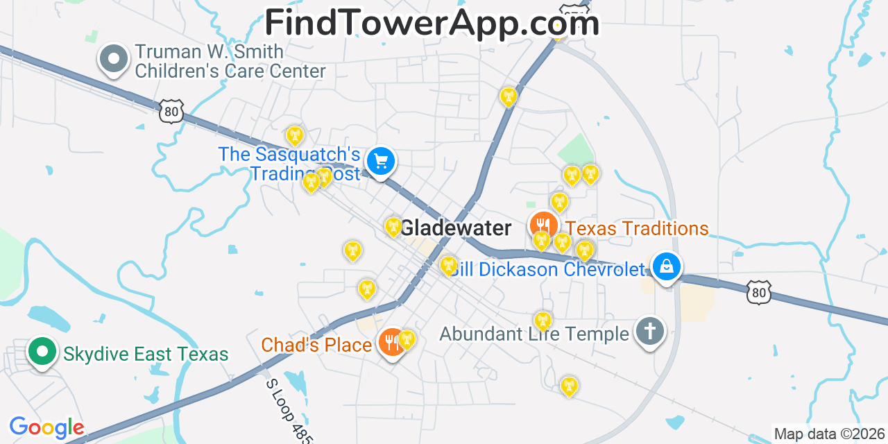 Map showing the 20 primary cell tower locations detected in Gladewater, Texas from AT&T, Verizon, and T-Mobile networks