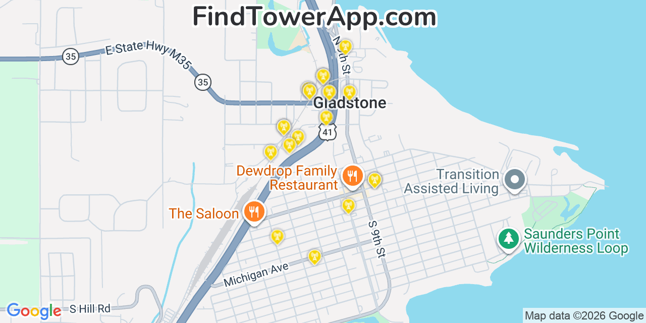 Map showing the 20 primary cell tower locations detected in Gladstone, Michigan from AT&T, Verizon, and T-Mobile networks