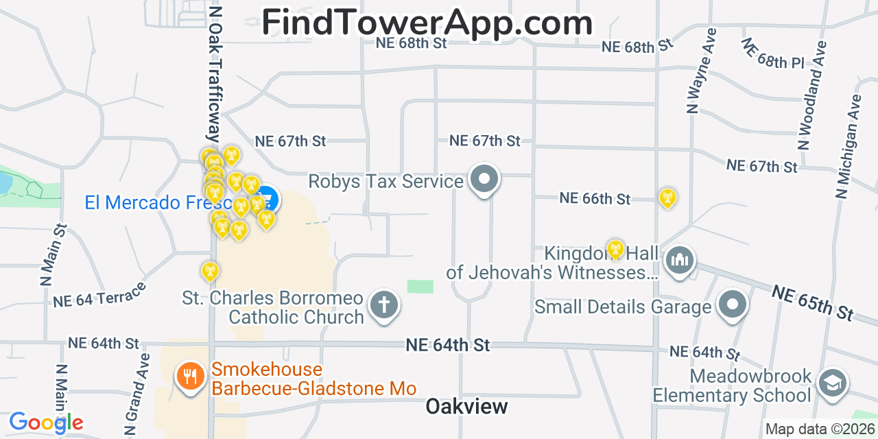 Map showing the 20 primary cell tower locations detected in Gladstone, Missouri from AT&T, Verizon, and T-Mobile networks