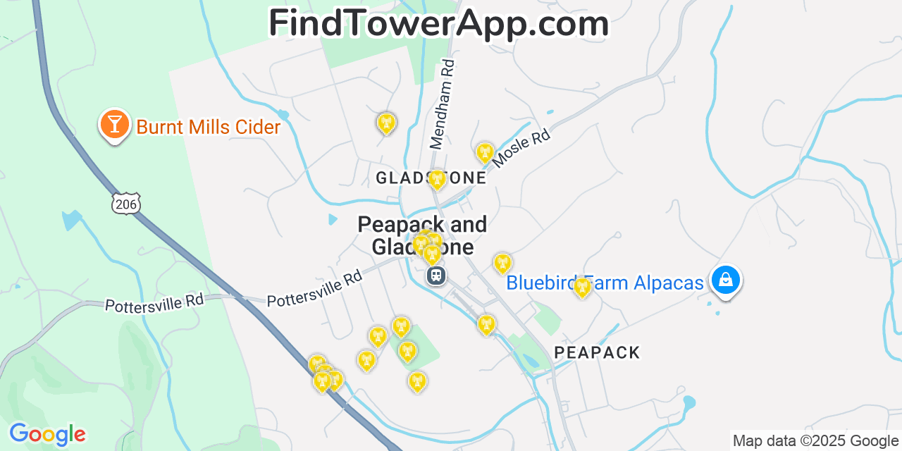 Map showing the 20 primary cell tower locations detected in Gladstone, New Jersey from AT&T, Verizon, and T-Mobile networks