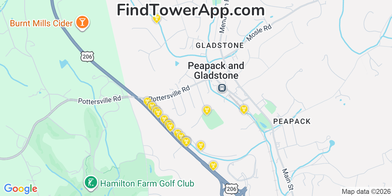 Map showing the 20 primary cell tower locations detected in Gladstone, New Jersey from AT&T, Verizon, and T-Mobile networks