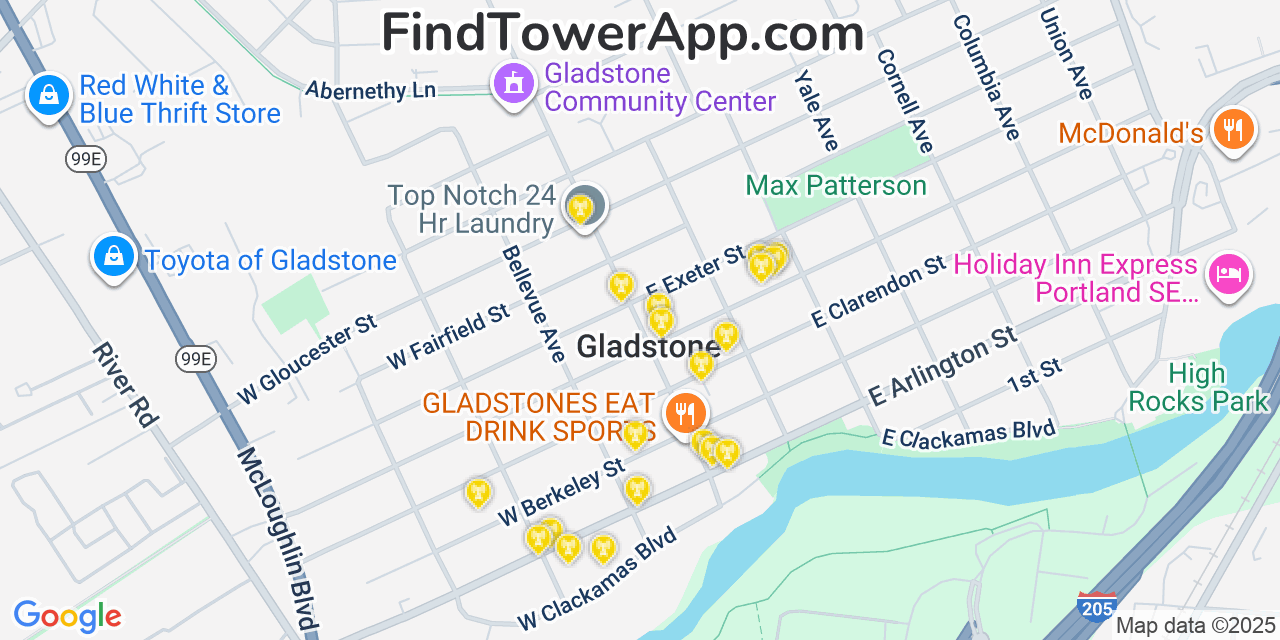 Map showing the 20 primary cell tower locations detected in Gladstone, Oregon from AT&T, Verizon, and T-Mobile networks