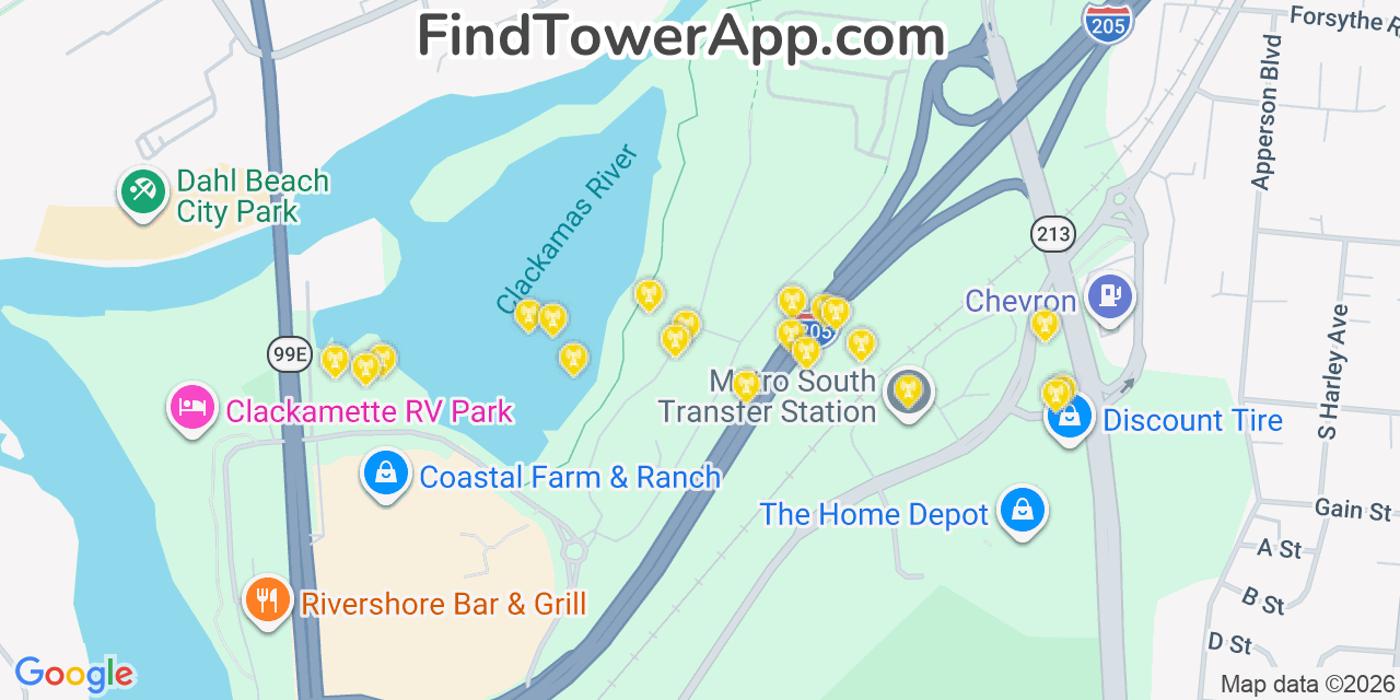 Map showing the 20 primary cell tower locations detected in Gladstone, Oregon from AT&T, Verizon, and T-Mobile networks