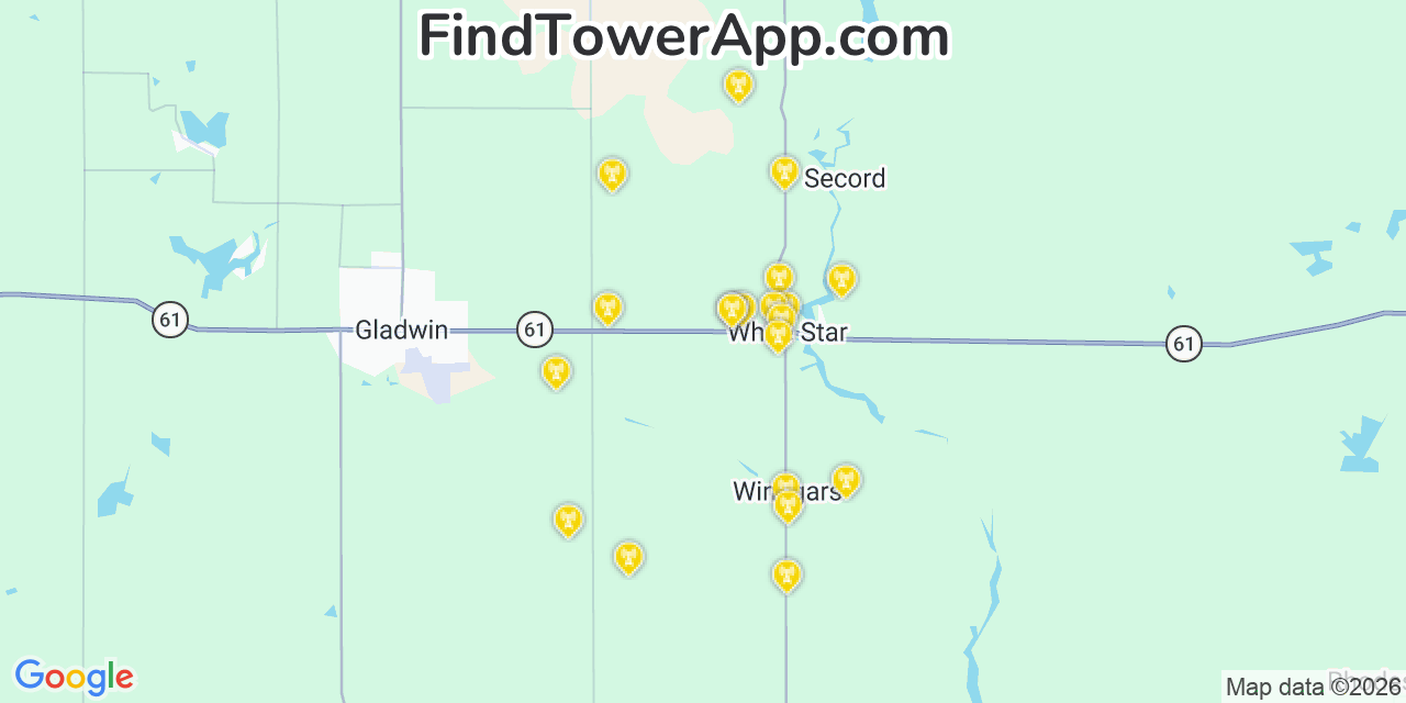Map showing the 20 primary cell tower locations detected in Gladwin, Michigan from AT&T, Verizon, and T-Mobile networks
