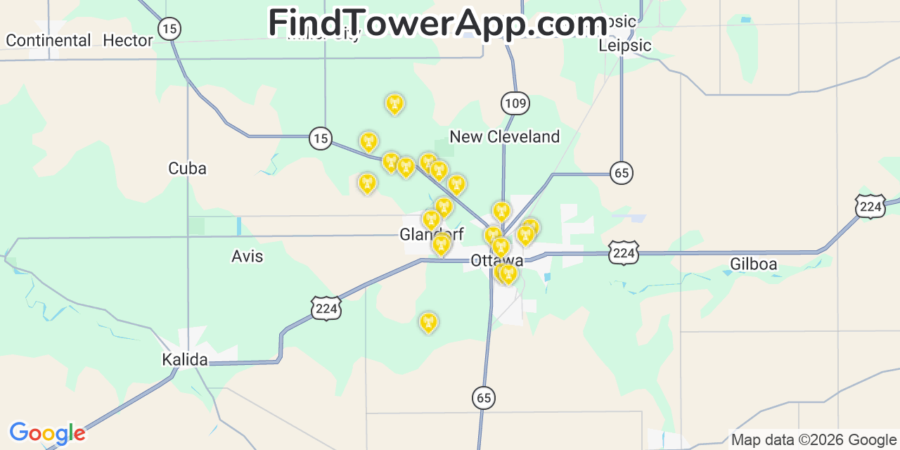 Map showing the 20 primary cell tower locations detected in Glandorf, Ohio from AT&T, Verizon, and T-Mobile networks