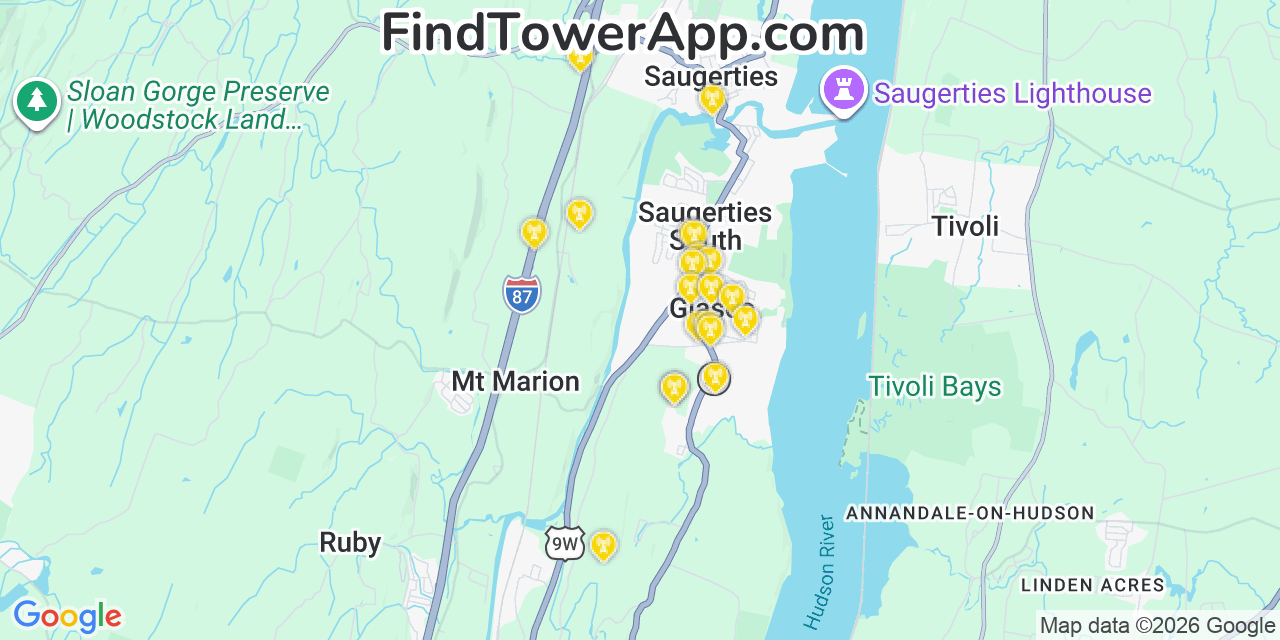 Map showing the 20 primary cell tower locations detected in Glasco, New York from AT&T, Verizon, and T-Mobile networks