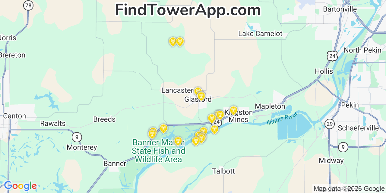 Map showing the 20 primary cell tower locations detected in Glasford, Illinois from AT&T, Verizon, and T-Mobile networks