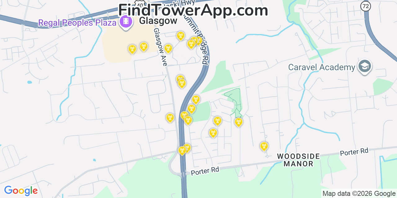 Map showing the 20 primary cell tower locations detected in Glasgow, Delaware from AT&T, Verizon, and T-Mobile networks
