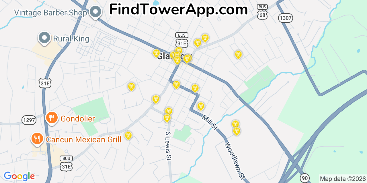 Map showing the 20 primary cell tower locations detected in Glasgow, Kentucky from AT&T, Verizon, and T-Mobile networks