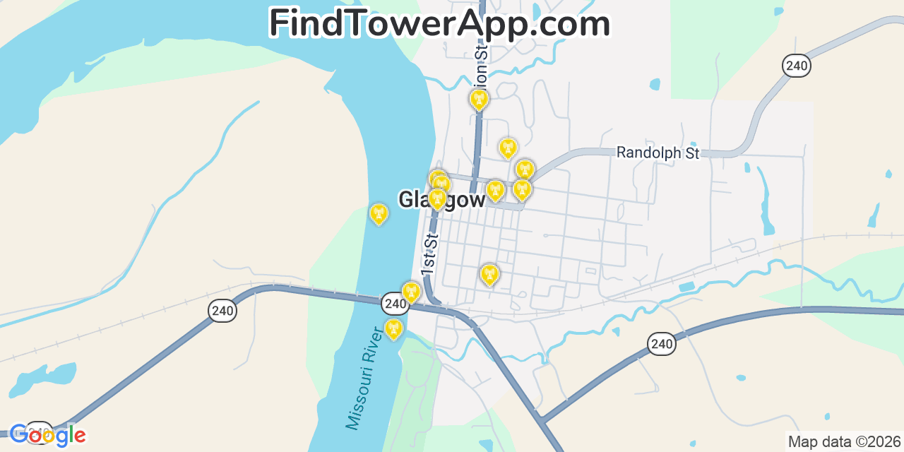 Map showing the 20 primary cell tower locations detected in Glasgow, Missouri from AT&T, Verizon, and T-Mobile networks