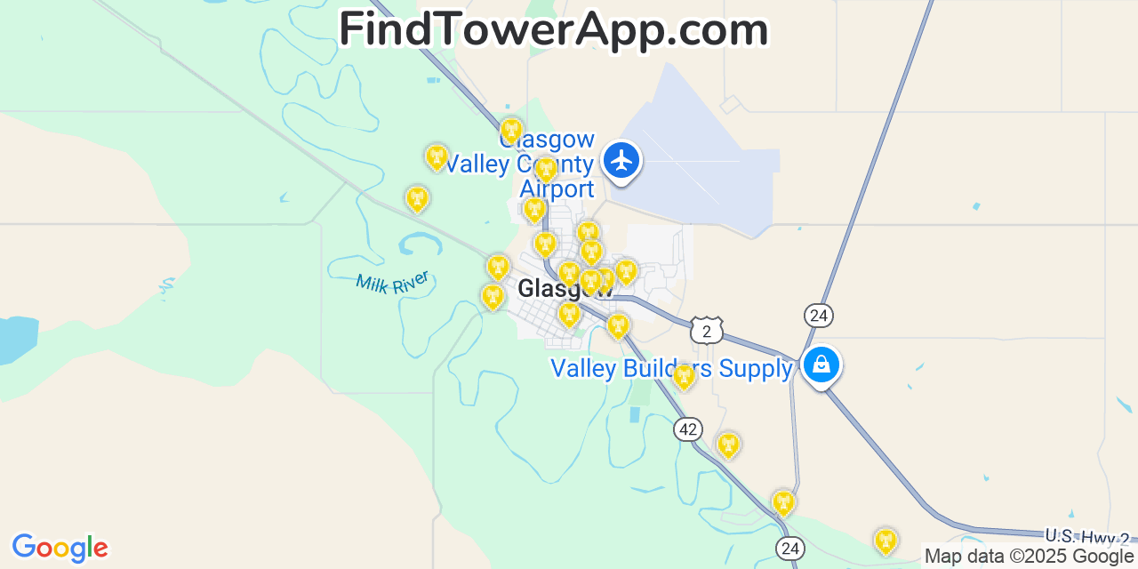 Map showing the 20 primary cell tower locations detected in Glasgow, Montana from AT&T, Verizon, and T-Mobile networks