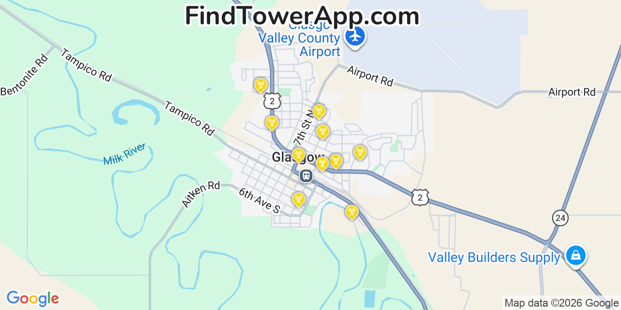 Map showing the 20 primary cell tower locations detected in Glasgow, Montana from AT&T, Verizon, and T-Mobile networks