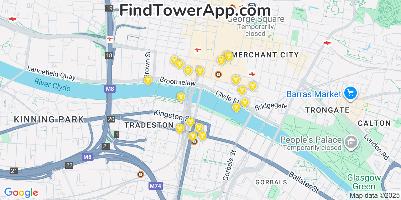 Map showing the 20 primary cell tower locations detected in Glasgow, United Kingdom with coverage areas and signal strength