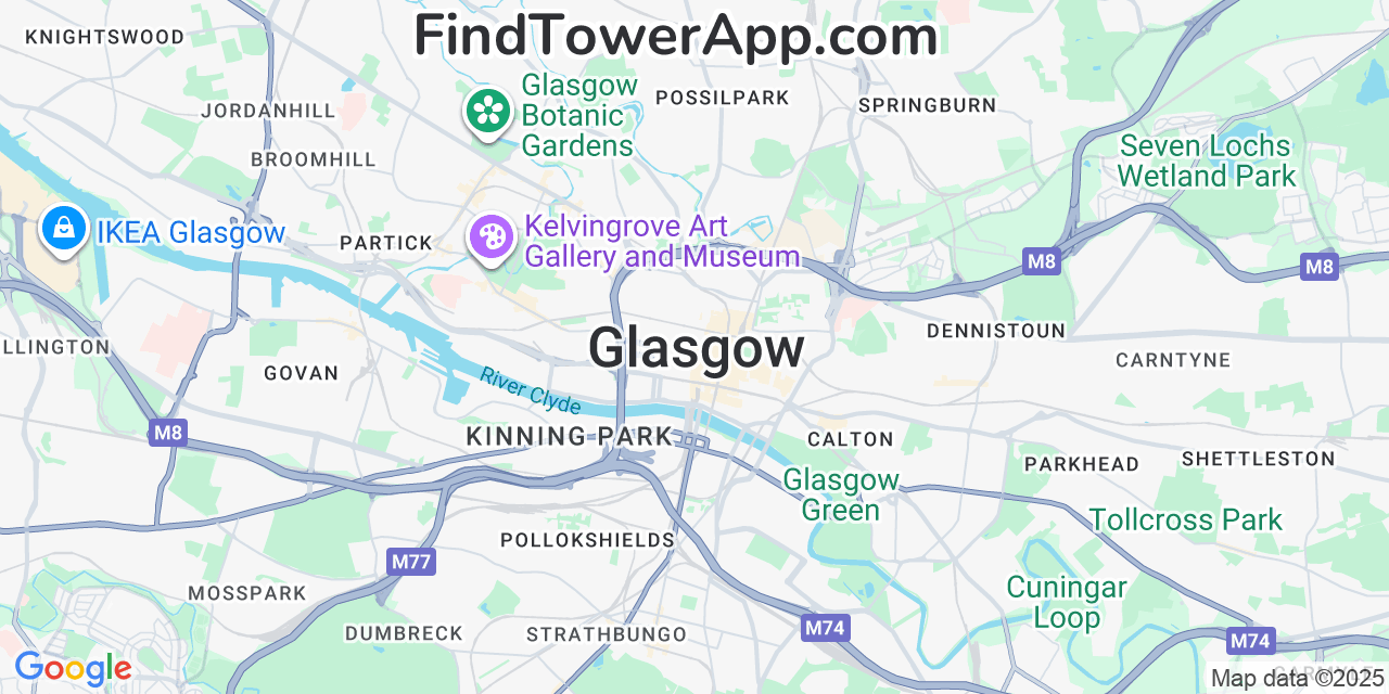 Map showing the 0 primary Talkmobile cell tower locations detected in Glasgow, United Kingdom with coverage radius and signal strength indicators