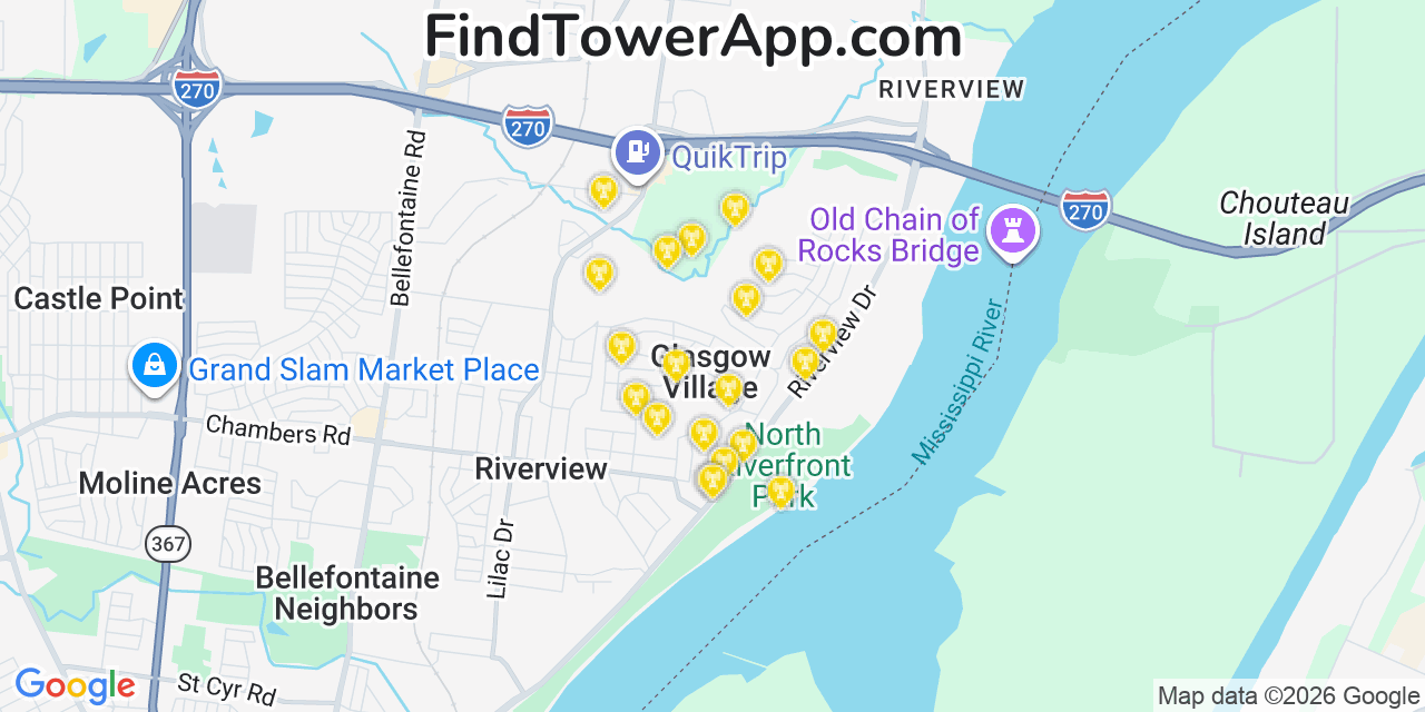 Map showing the 20 primary cell tower locations detected in Glasgow Village, Missouri from AT&T, Verizon, and T-Mobile networks