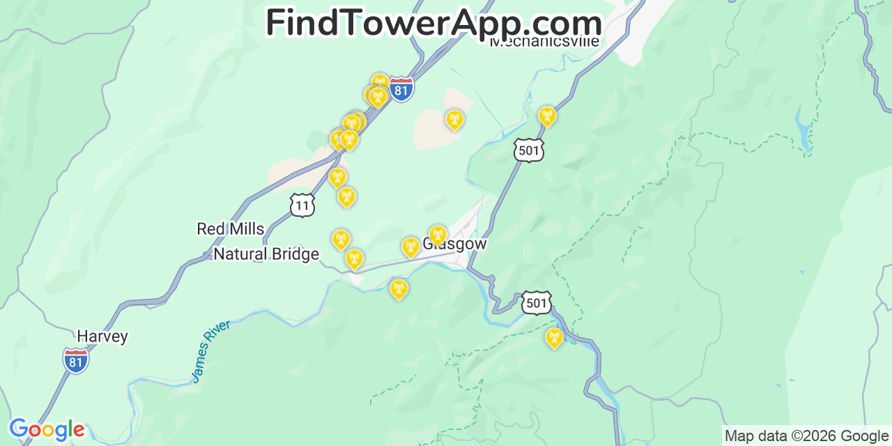 Map showing the 20 primary cell tower locations detected in Glasgow, Virginia from AT&T, Verizon, and T-Mobile networks