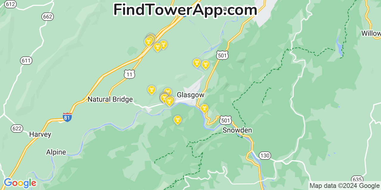 Verizon 4G/5G cell tower coverage map Glasgow, Virginia