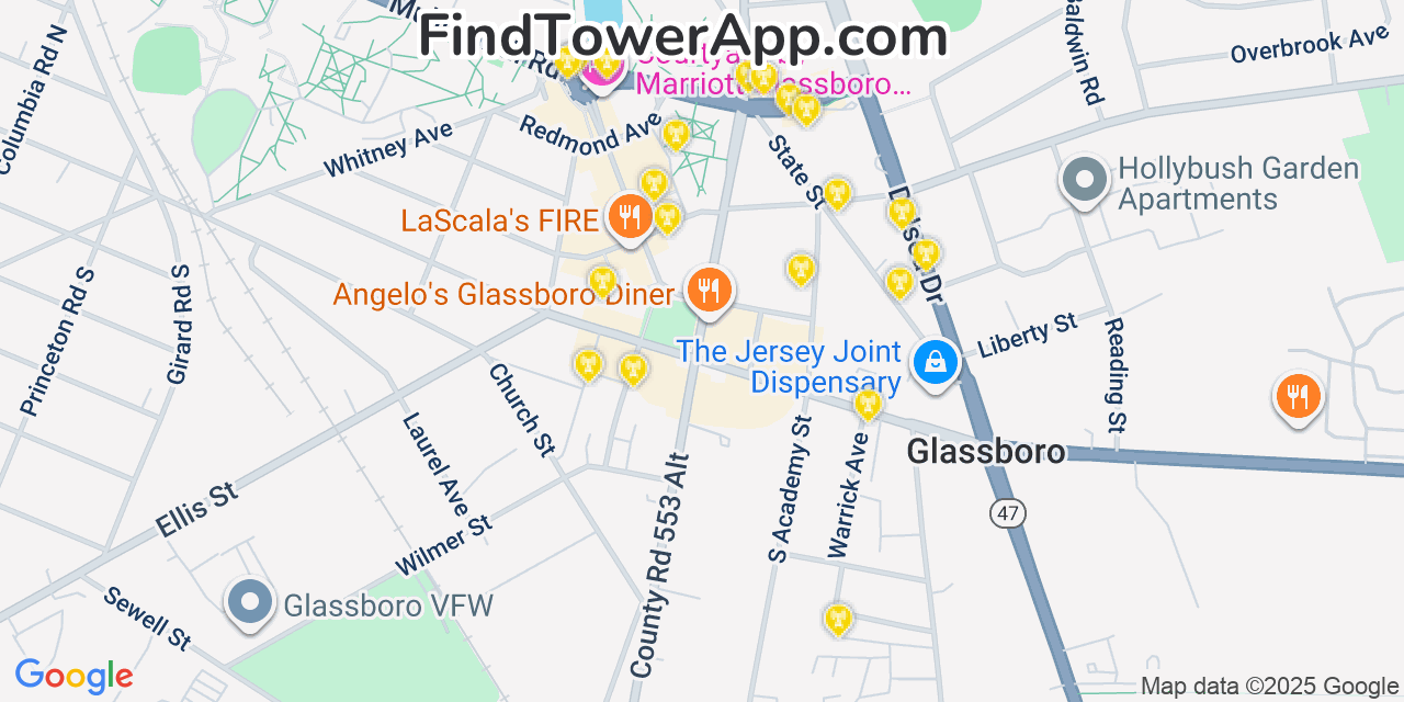 Map showing the 20 primary cell tower locations detected in Glassboro, New Jersey from AT&T, Verizon, and T-Mobile networks