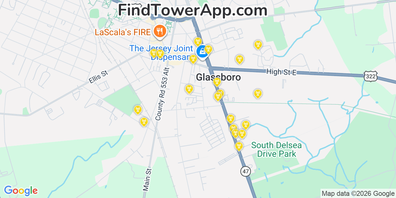 Map showing the 20 primary cell tower locations detected in Glassboro, New Jersey from AT&T, Verizon, and T-Mobile networks