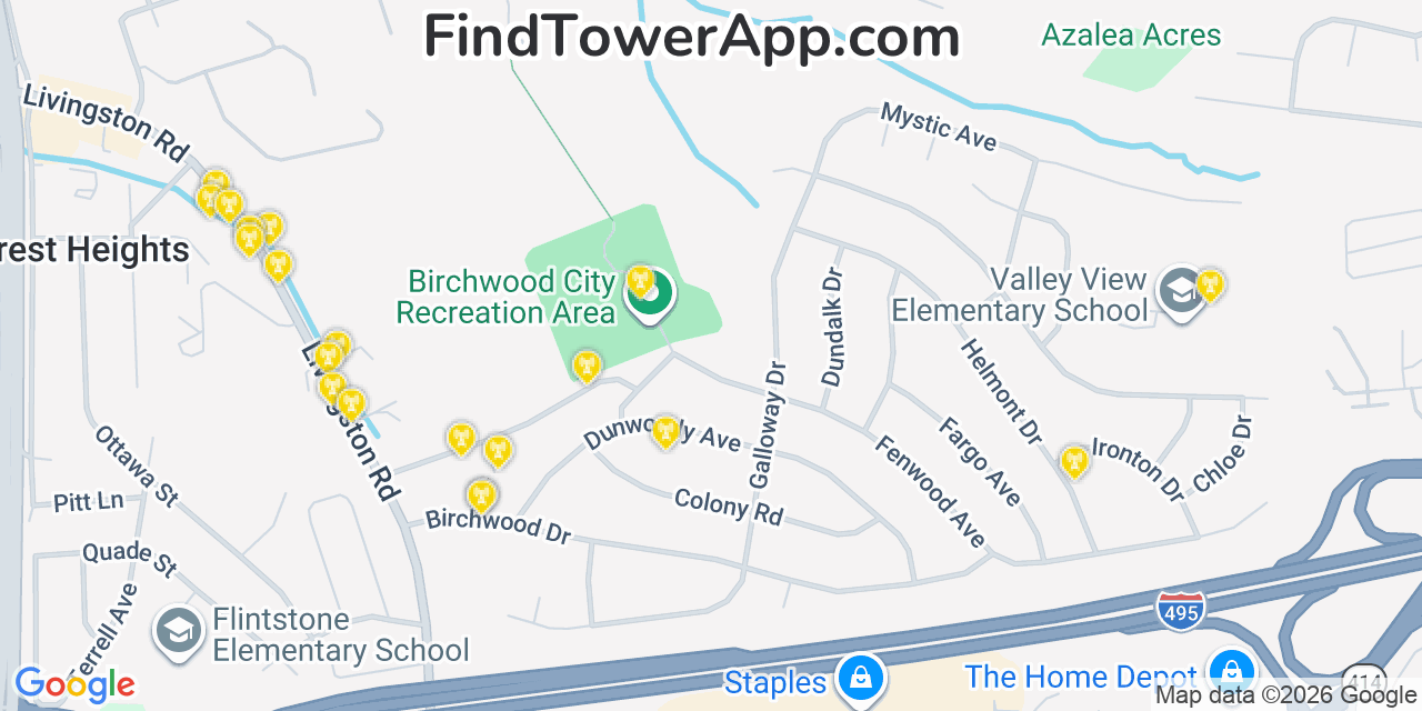 Map showing the 20 primary cell tower locations detected in Glassmanor, Maryland from AT&T, Verizon, and T-Mobile networks