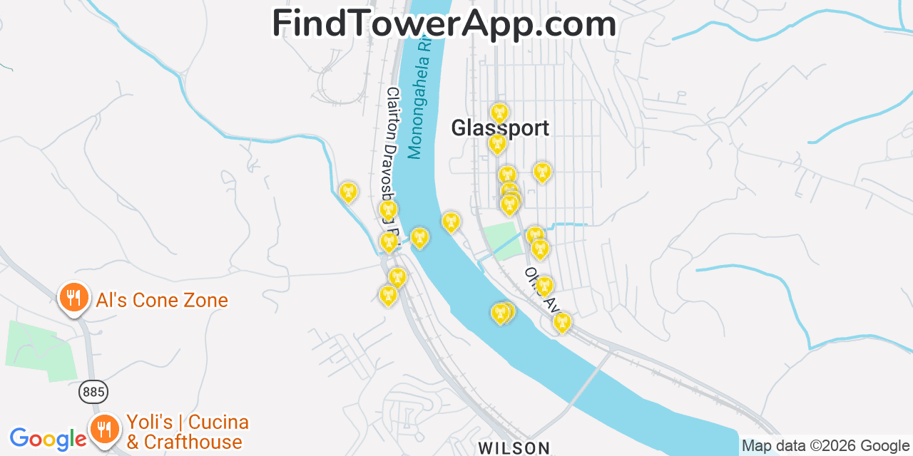 Map showing the 20 primary cell tower locations detected in Glassport, Pennsylvania from AT&T, Verizon, and T-Mobile networks
