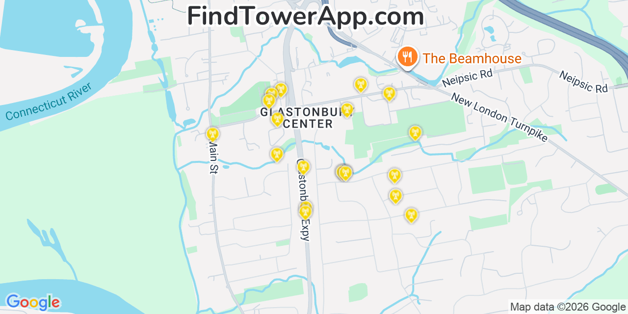 Map showing the 20 primary cell tower locations detected in Glastonbury Center, Connecticut from AT&T, Verizon, and T-Mobile networks
