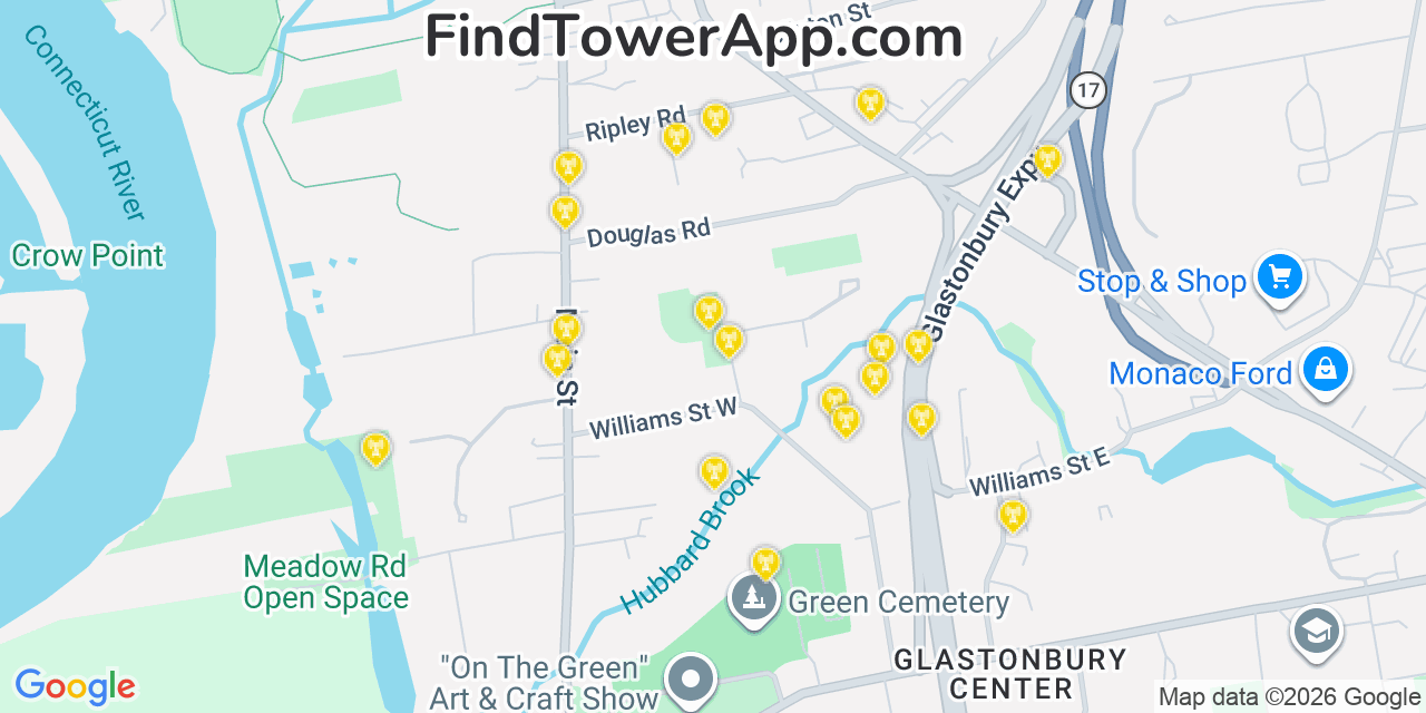 Map showing the 20 primary cell tower locations detected in Glastonbury, Connecticut from AT&T, Verizon, and T-Mobile networks