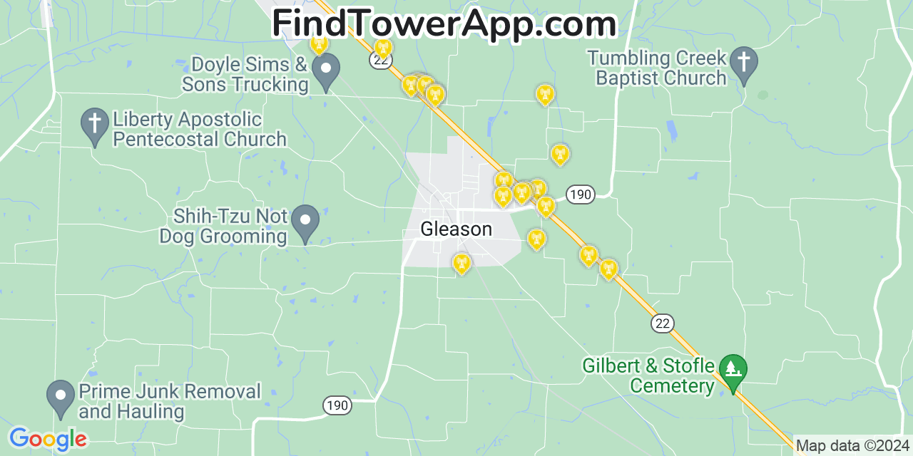 AT&T 4G/5G cell tower coverage map Gleason, Tennessee