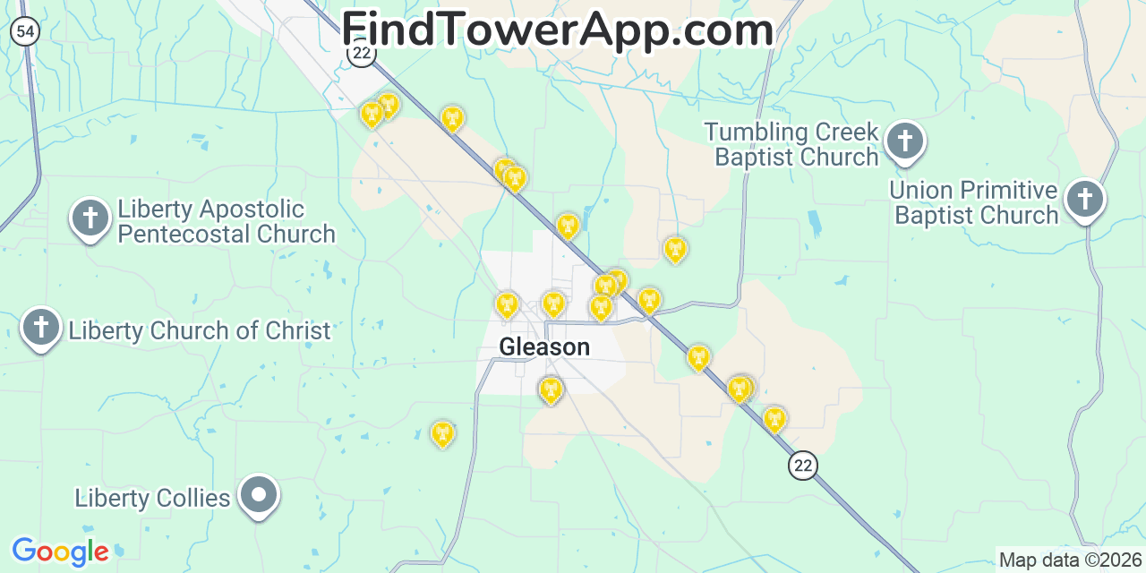 Map showing the 20 primary cell tower locations detected in Gleason, Tennessee from AT&T, Verizon, and T-Mobile networks