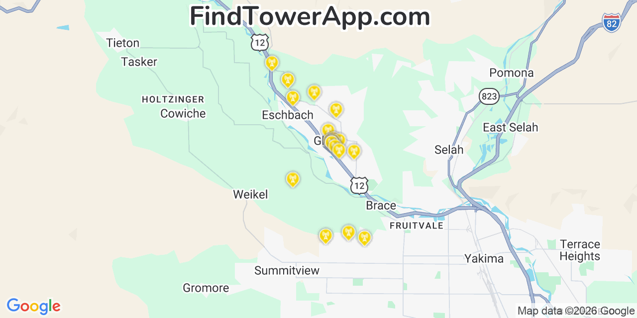 Map showing the 20 primary cell tower locations detected in Gleed, Washington from AT&T, Verizon, and T-Mobile networks