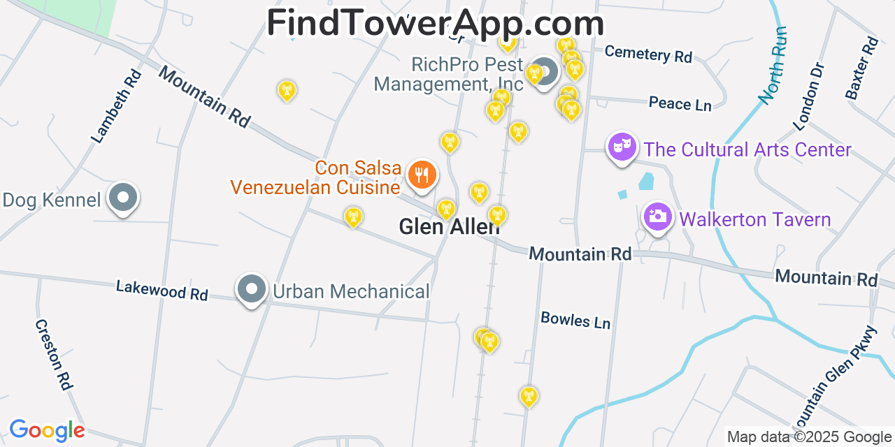 Map showing the 20 primary cell tower locations detected in Glen Allen, Virginia from AT&T, Verizon, and T-Mobile networks