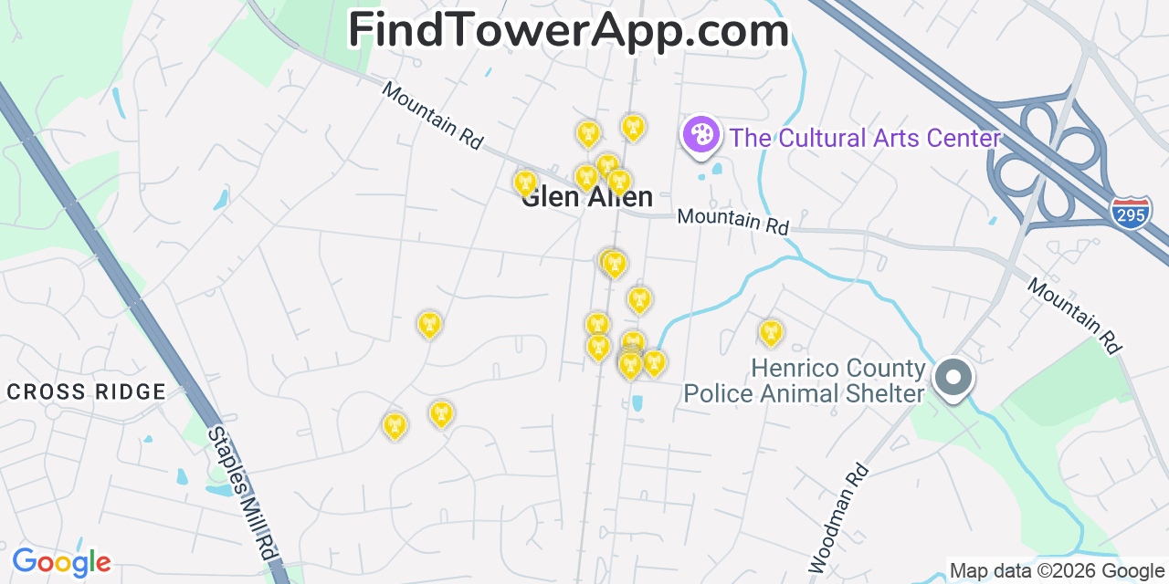 Map showing the 20 primary cell tower locations detected in Glen Allen, Virginia from AT&T, Verizon, and T-Mobile networks