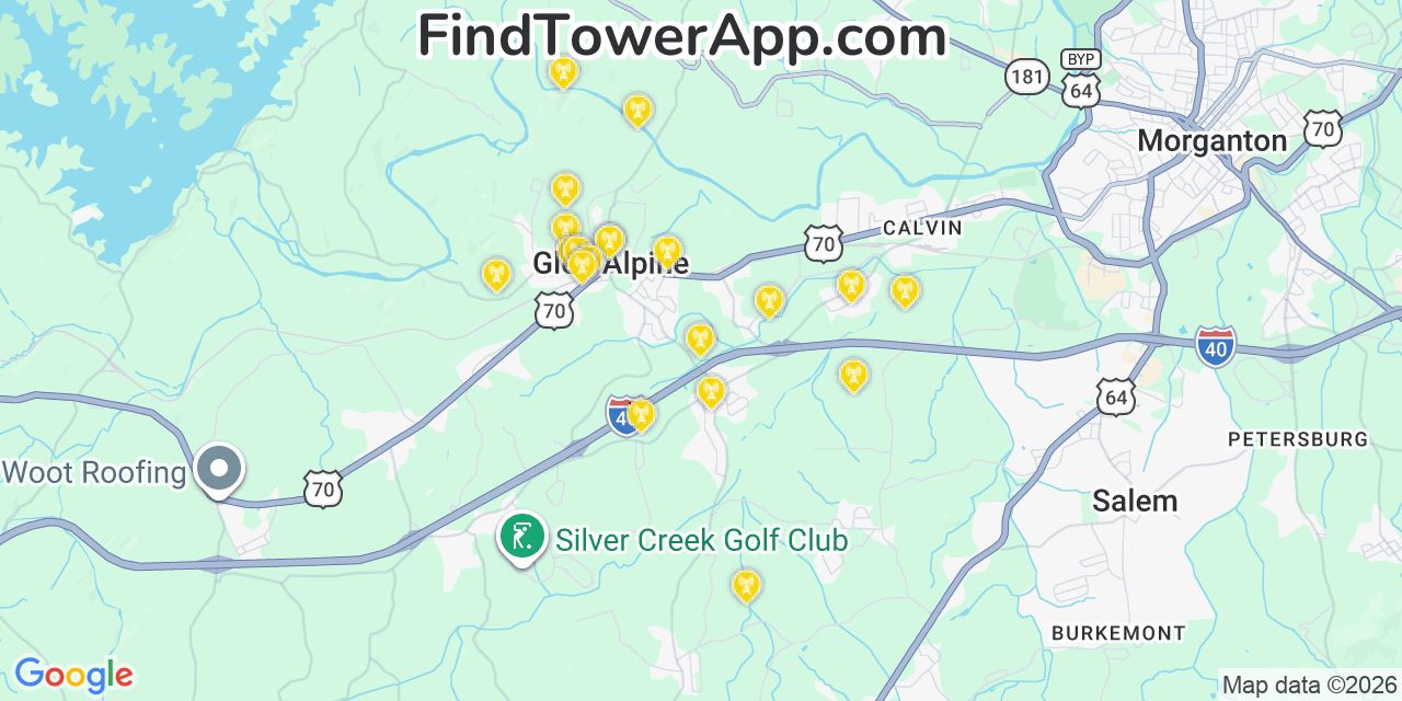 Map showing the 20 primary cell tower locations detected in Glen Alpine, North Carolina from AT&T, Verizon, and T-Mobile networks
