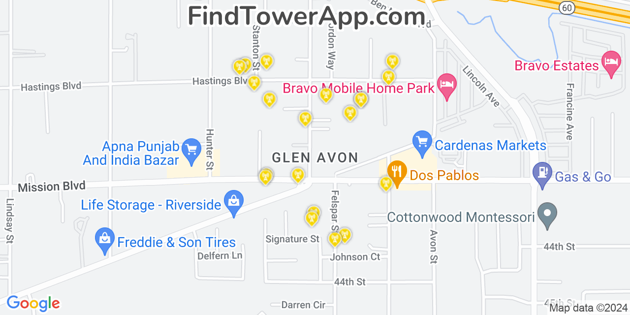 AT&T 4G/5G cell tower coverage map Glen Avon, California