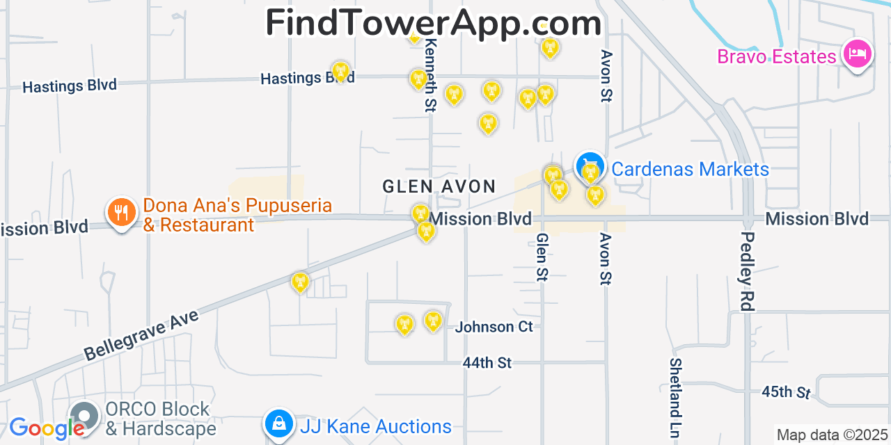 Map showing the 20 primary cell tower locations detected in Glen Avon, California from AT&T, Verizon, and T-Mobile networks