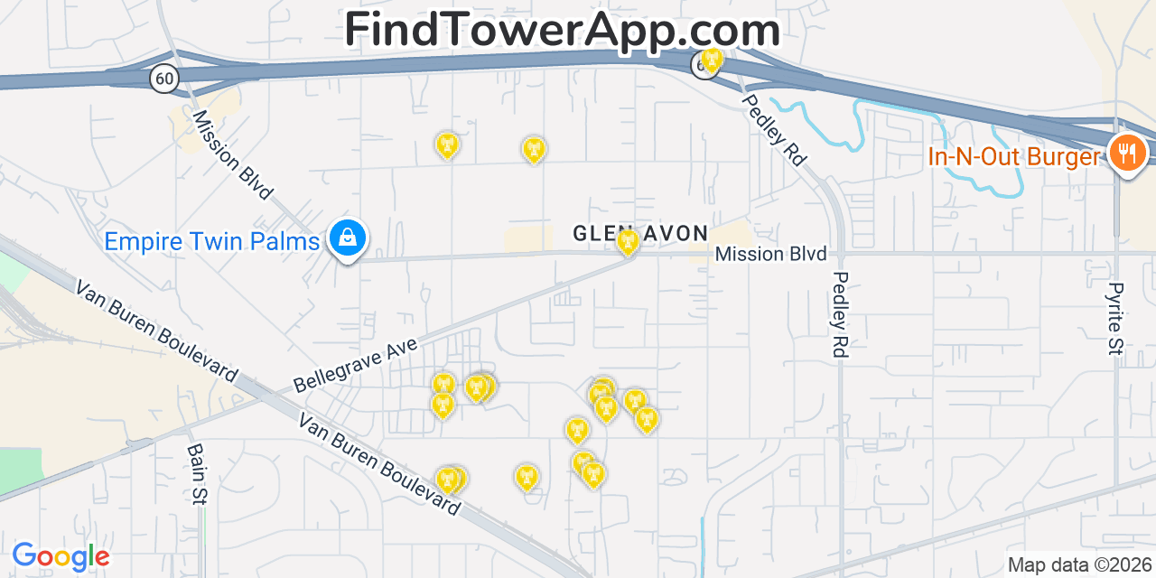 Map showing the 20 primary cell tower locations detected in Glen Avon, California from AT&T, Verizon, and T-Mobile networks