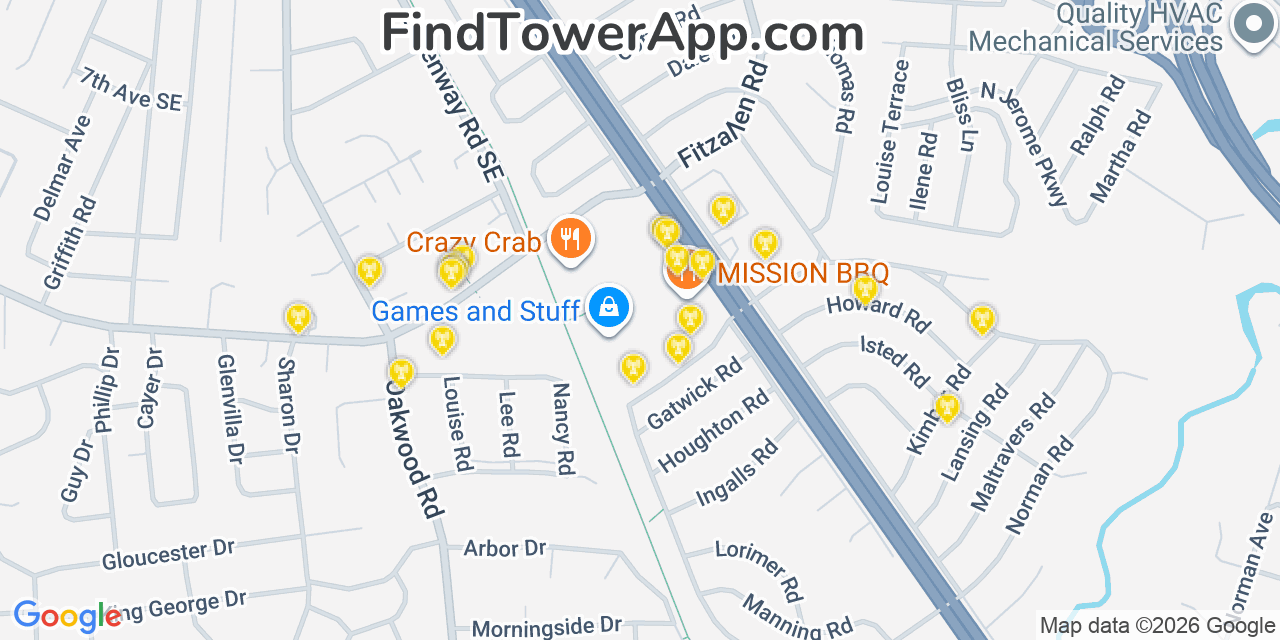 Map showing the 20 primary cell tower locations detected in Glen Burnie, Maryland from AT&T, Verizon, and T-Mobile networks