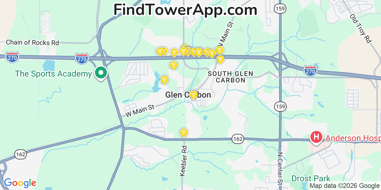 Map showing the 20 primary cell tower locations detected in Glen Carbon, Illinois from AT&T, Verizon, and T-Mobile networks