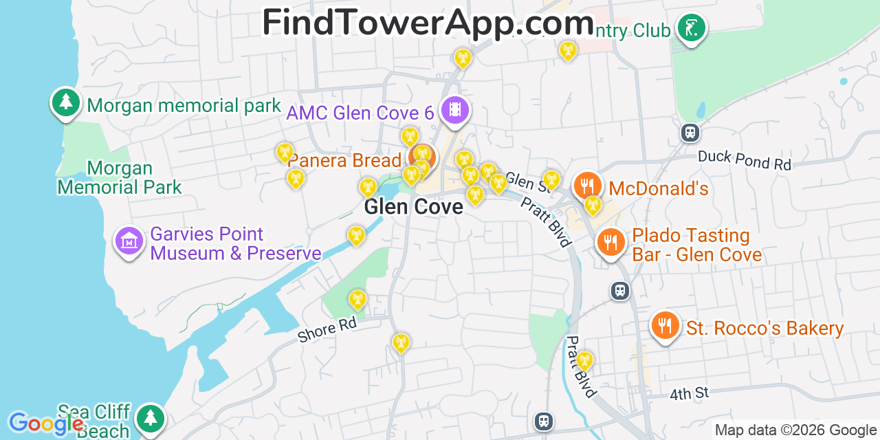 Map showing the 20 primary cell tower locations detected in Glen Cove, New York from AT&T, Verizon, and T-Mobile networks