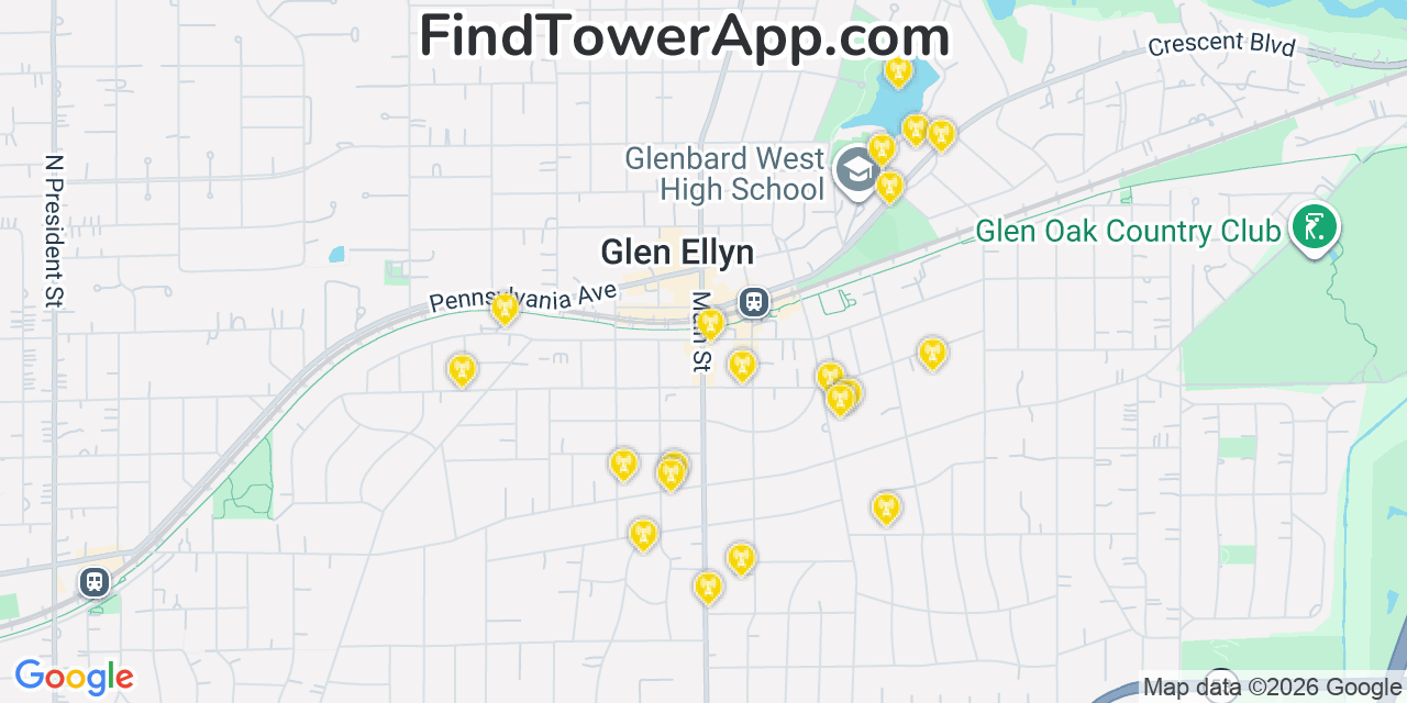 Map showing the 20 primary cell tower locations detected in Glen Ellyn, Illinois from AT&T, Verizon, and T-Mobile networks