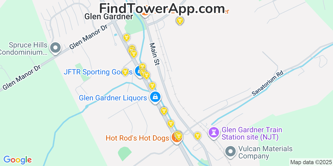 Map showing the 20 primary cell tower locations detected in Glen Gardner, New Jersey from AT&T, Verizon, and T-Mobile networks