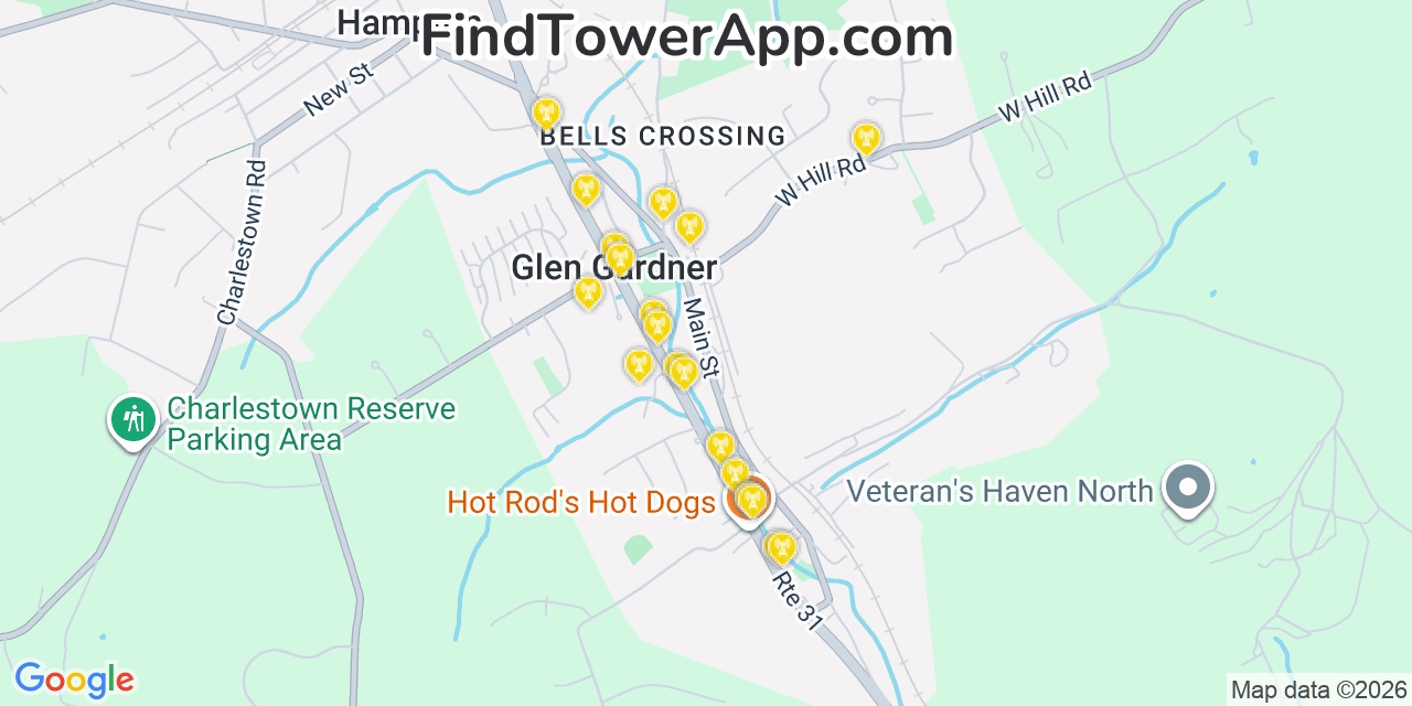 Map showing the 20 primary cell tower locations detected in Glen Gardner, New Jersey from AT&T, Verizon, and T-Mobile networks