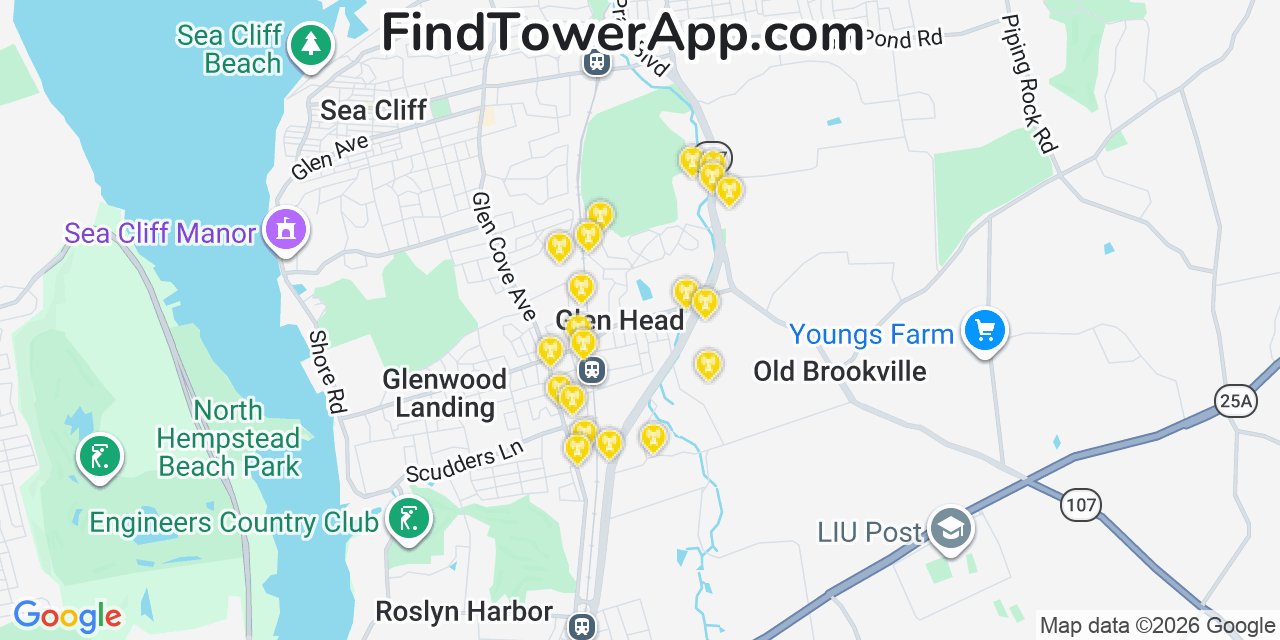 Map showing the 20 primary cell tower locations detected in Glen Head, New York from AT&T, Verizon, and T-Mobile networks