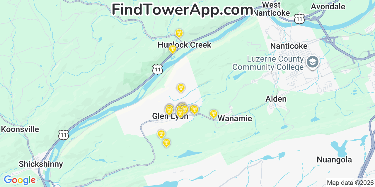 Map showing the 20 primary cell tower locations detected in Glen Lyon, Pennsylvania from AT&T, Verizon, and T-Mobile networks