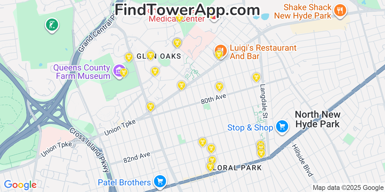 Map showing the 20 primary cell tower locations detected in Glen Oaks, New York from AT&T, Verizon, and T-Mobile networks